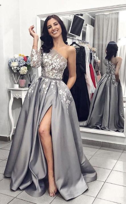 One Shoulder Long Prom Dress with Applique,Fashion Dance Dress,Sweet 16 Quinceanera Dress PDP0295