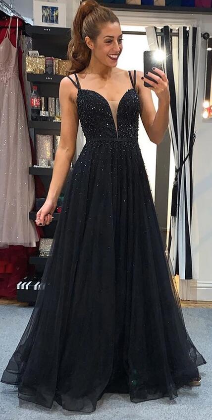Black A-line Long Prom Dress with Beading,Fashion Dance Dress,Sweet 16 Quinceanera Dress PDP0299