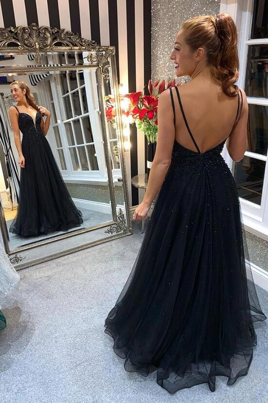 Black A-line Long Prom Dress with Beading,Fashion Dance Dress,Sweet 16 Quinceanera Dress PDP0299