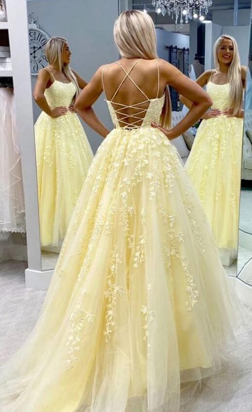Yellow Tulle Long Prom Dress with Applique,Fashion Dance Dress,Sweet 16 Quinceanera Dress PDP0313