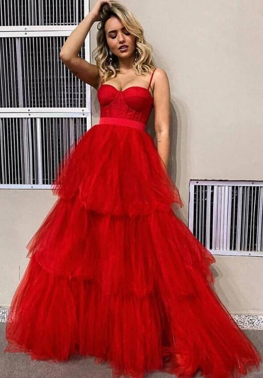Red Tulle Long Prom Dress,Fashion Dance Dress,Sweet 16 Quinceanera Dress PDP0314