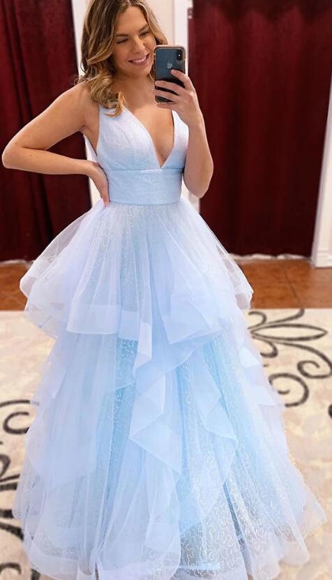 Deep V-neck Ligh Blue Long Prom Dress,Fashion Dance Dress,Winter Formal Dress PDP0316