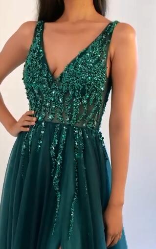 V-neck A-line Long Prom Dresses with Beading,Fashion School Dance Dress,Winter Formal Dress PDP0340
