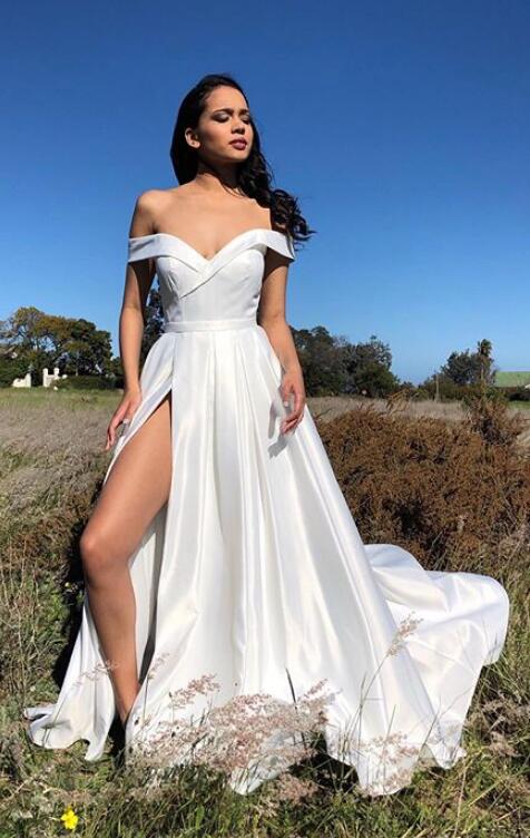 Off shoulder White Long Prom Dress with Slit Fashion School Dance Dress Sweet 16 Quinceanera Dress PDP0378
