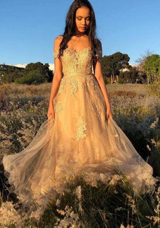 Off Shoulder Tulle Long Prom Dress with Applique and Beading,Fashion School Dance Dress,Winter Formal Dress PDP0355
