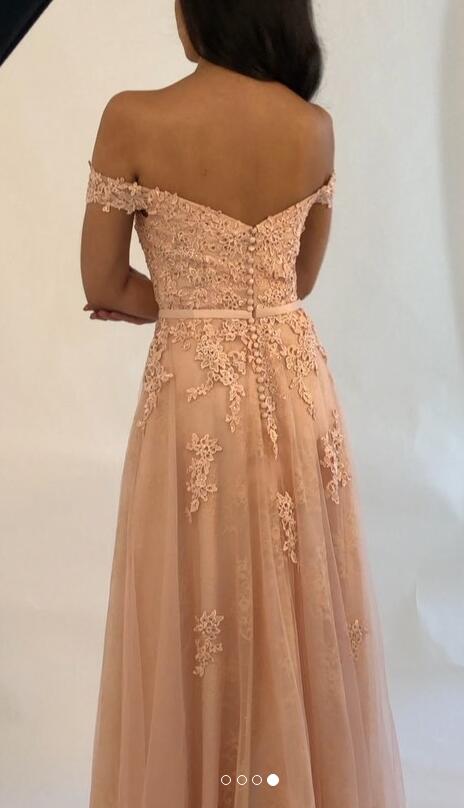 Off Shoulder Tulle Long Prom Dress with Applique and Beading,Fashion School Dance Dress,Winter Formal Dress PDP0355
