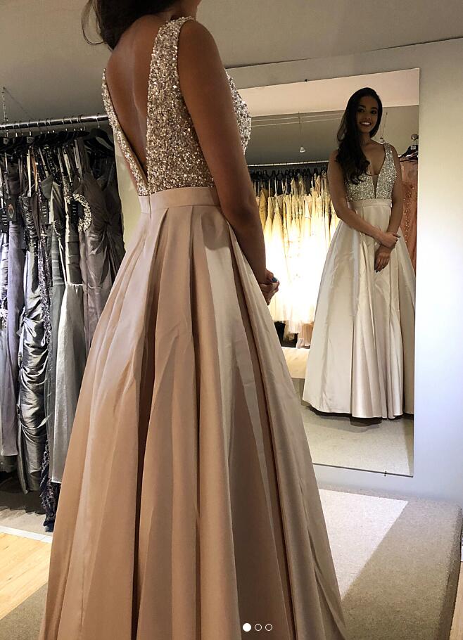 V-back Long Prom Dress with Beading,Fashion School Dance Dress,Winter Formal Dress PDP0357