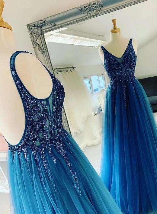 V-neck Long Prom Dress With Beading, Popular Tulle Eveing Dress ,Fashion Winter Formal Dress PDP0024