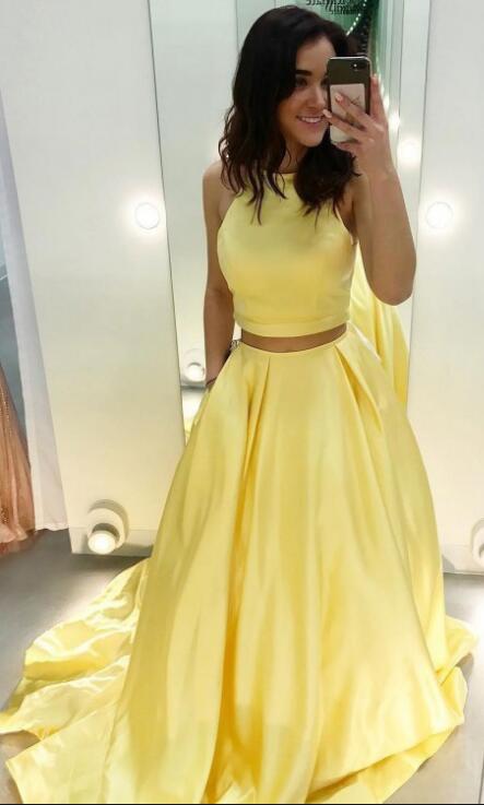 Two Pieces Yellow Long Prom Dresses Fashion School Dance Dress Winter Formal Dress PDP0444
