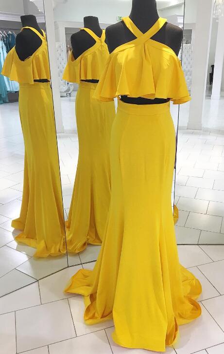 Yellow Two Pieces Long Prom Dresses Fashion School Dance Dress Winter Formal Dress PDP0450