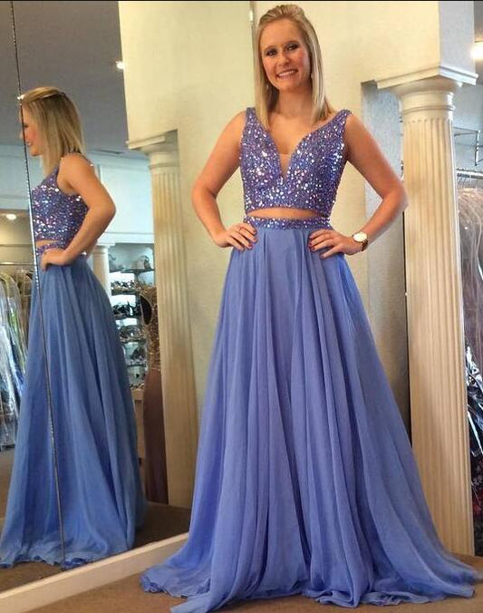 Two Pieces Long Prom Dresses With Beading Fashion School Dance Dress Winter Formal Dress PDP0451