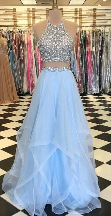 Two Pieces Long Prom Dresses With Beading Fashion School Dance Dress Winter Formal Dress PDP0454