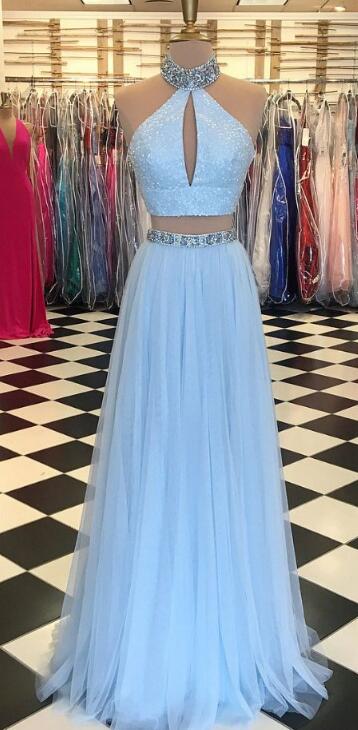 Two Pieces Long Prom Dresses With Beading Fashion School Dance Dress Winter Formal Dress PDP0455