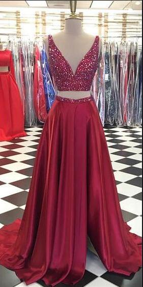 Two Pieces Long Prom Dresses With Beading Fashion School Dance Dress Winter Formal Dress PDP0456