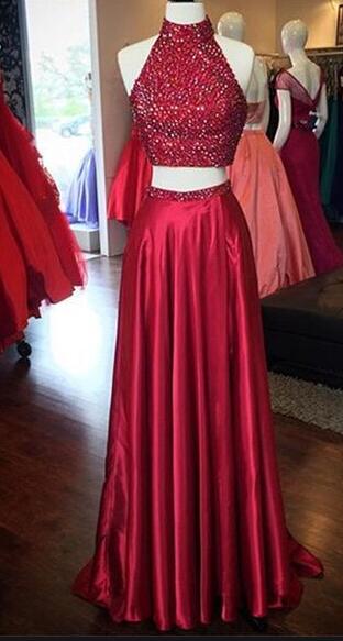 Two Pieces Long Prom Dresses With Beading Fashion School Dance Dress Winter Formal Dress PDP0457