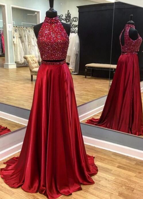 Two Pieces Long Prom Dresses With Beading Fashion School Dance Dress Winter Formal Dress PDP0457