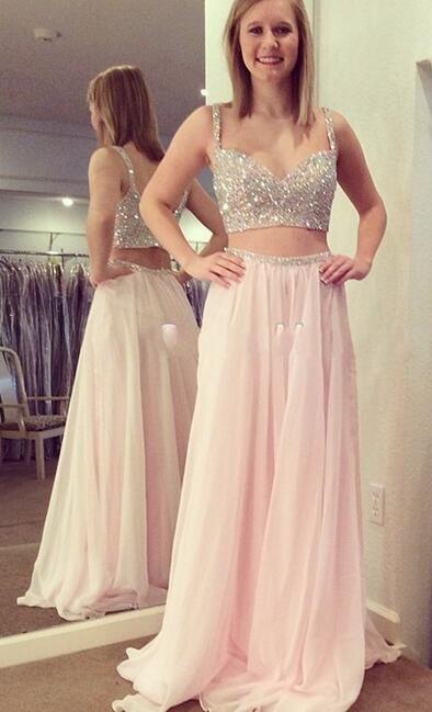 Two Pieces Long Prom Dresses With Beading Fashion School Dance Dress Winter Formal Dress PDP0434