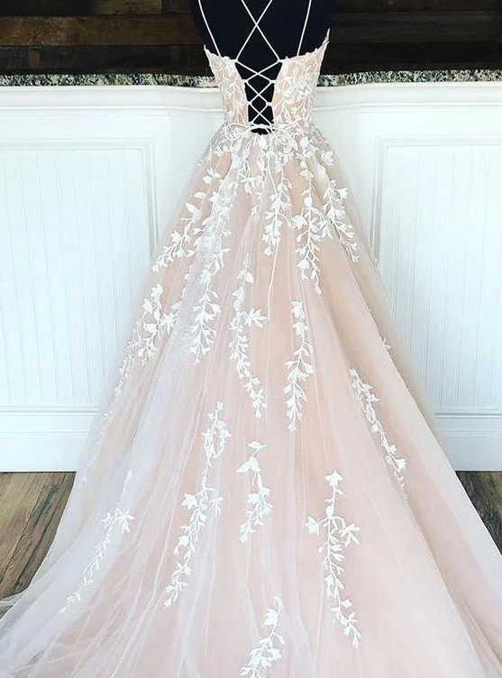 A-line Tulle Long Prom Dresses with Appliques and Beading,Evening Dresses,Formal Dresses,BP560