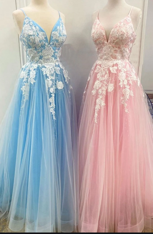 A-line Tulle Prom Dresses Long with Appliques and Beading KD0133