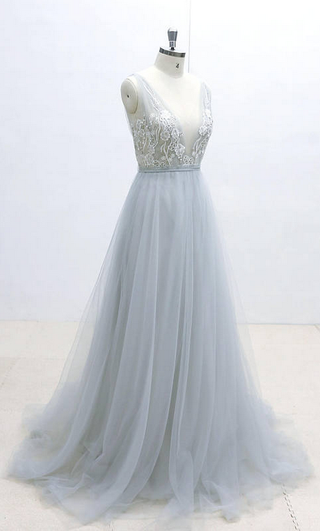 V-neck Prom Dresses With Applique, Long Prom Dress ,Fashion School Dance Dress Formal Dress PDP0688