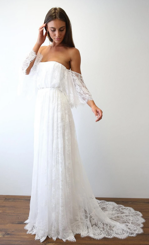 Off Shoulder A-line Lace Beach Wedding Dress ,Fashion Custom made Bridal Dress PDW042