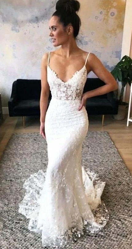 Mermaid Spaghetti Straps Beach Wedding Gowns Sexy V Neck Lace Wedding Dress ,Fashion Custom made Bridal Dress PDW044