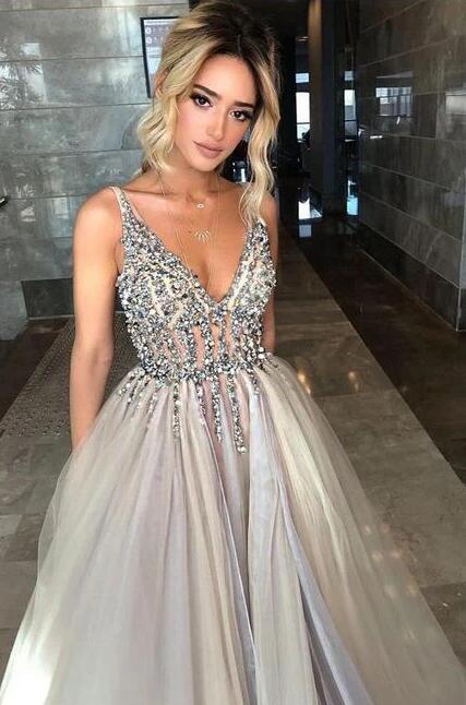 Sexy Tulle Long Prom Dress with Beading, School Dance Dresses ,Fashion Winter Formal Dress PPS022
