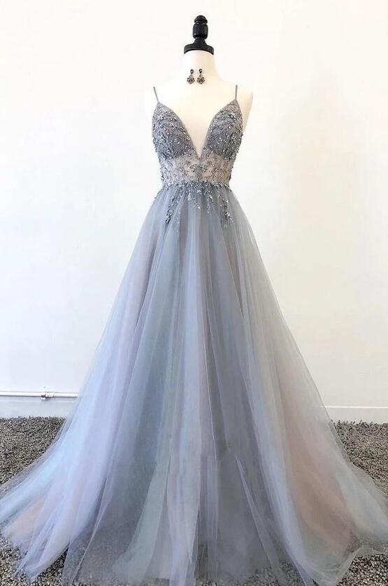 Tulle Long Prom Dress with Beading, School Dance Dresses ,Fashion Winter Formal Dress PPS021