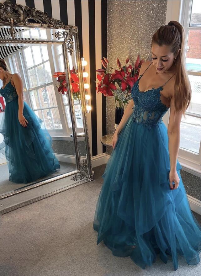 Tulle Long Prom Dress with Appliques, School Dance Dresses ,Fashion Winter Formal Dress PPS036