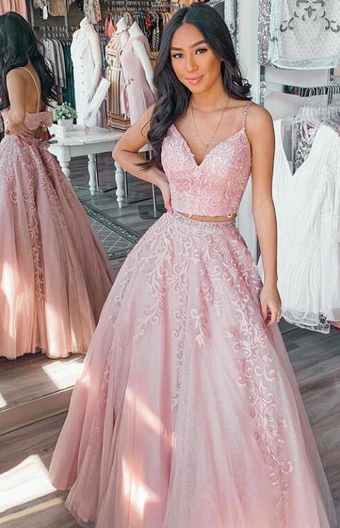 Two Pieces Long Prom Dresses with Appliques Fashion Formal Dress PPS077