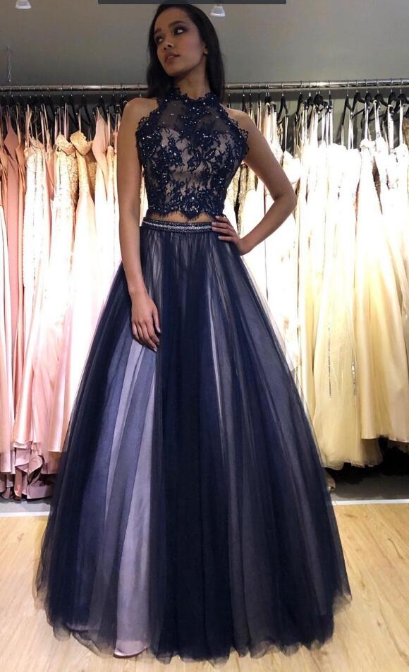 Two Pieces Long Prom Dress with Appliques and Beading ,School Dance Dresses ,Fashion Winter Formal Dress PPS088