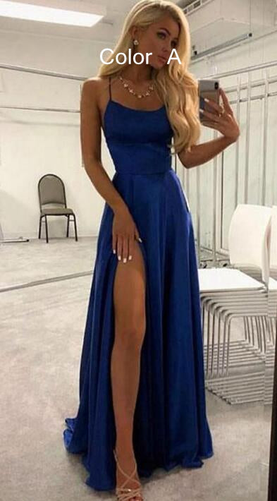 Simple A-line Lace up Back Long Prom Dresses with Slit Fashion Formal Dress BP009