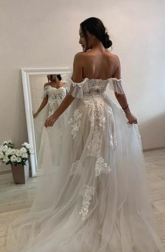 Off Shoulder Tulle/Lace Beach Wedding Dresses ,Fashion Custom made Bridal Dress PDW064