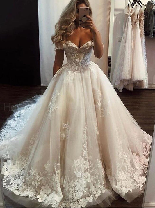 Off Shoulder Tulle Wedding Dresses with Appliques ,Fashion Custom made Bridal Dress PDW066
