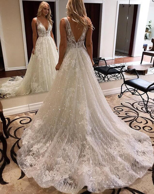 V-neck Sparkly Wedding Dresses with Appliques ,Fashion Custom made Bridal Dress PDW065