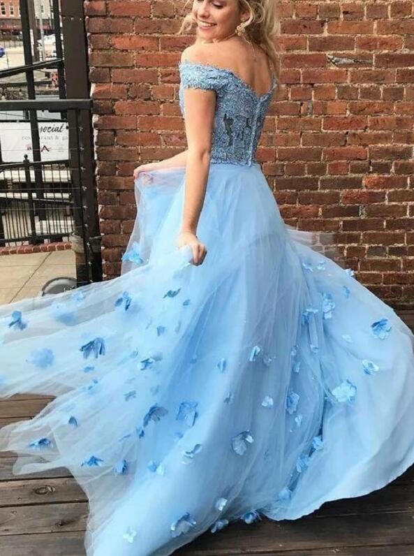 Blue Pretty Off the Shoulder Lace Two Piece Long Prom Dresses Winter Formal Dresses,Evening Dresses PPS144