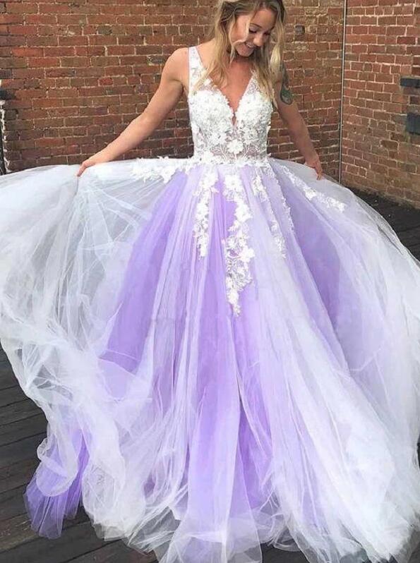 Lavender Tulle Princess Plunge V neck Long Prom Dresses Winter Formal Dresses,Evening Dresses PPS146