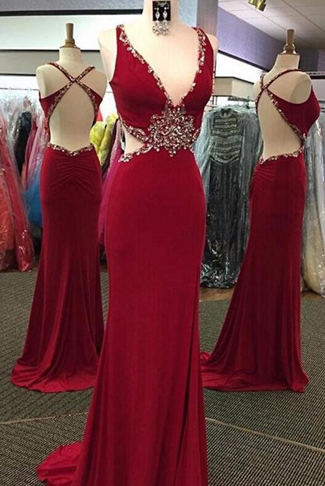 Sexy Burgundy Prom Dresses Long with Beading