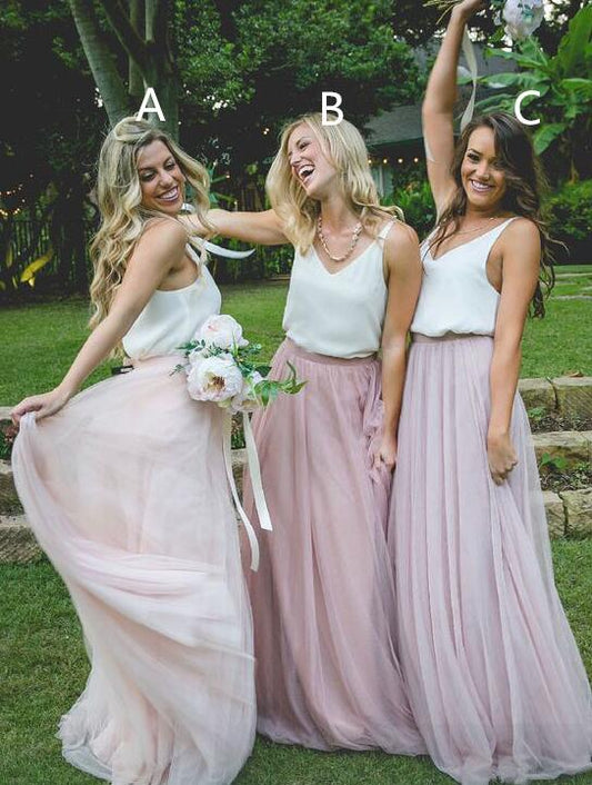 Gorgeous Two Piece Pink Tulle Long Bridesmaid Dress with White Top,Cheap Custom Made Wedding Formal Dresses,PDB046