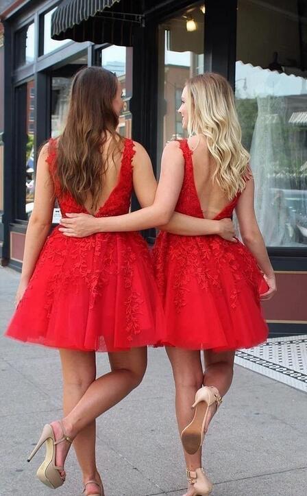 V-neck Tulle Short Prom Dresses with Appliques and Beading,Homecoming Dresses,BP289