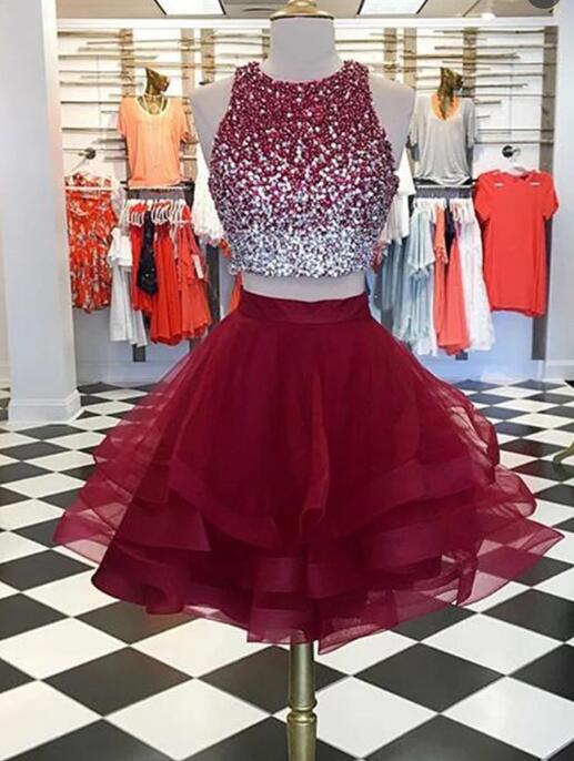 Two Pieces Beading Short Prom Dresses,Homecoming Dresses,Dance Dress BP330