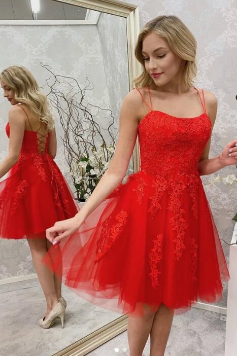 Red Tulle Homecoming Dresses with Appliques and Beading,Short Prom Dresses BP487