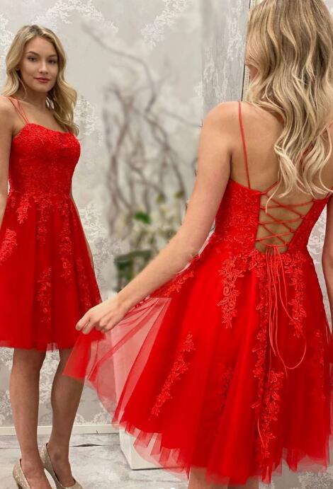 Red Tulle Homecoming Dresses with Appliques and Beading,Short Prom Dresses BP487