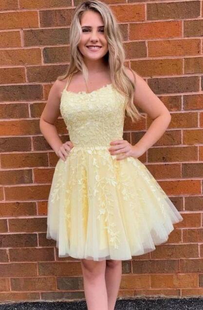 Yellow Tulle Homecoming Dresses with Appliques and Beading,Short Prom Dresses BP486