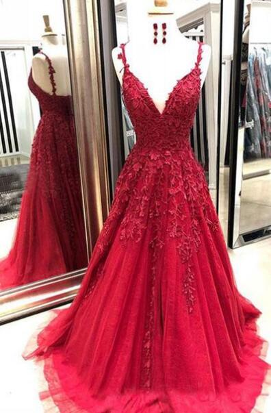 V-neck Red Lace/Tulle Long Prom Dresses with Appliques And Beading,Evening Dresses, BP500