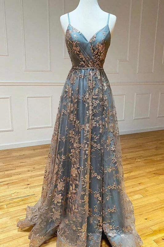 Sparkly Lace Long Prom Dresses with Slit,Evening Dresses,Formal Dresses,BP686