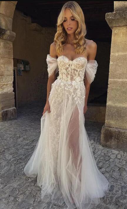 Off Shoulder Lace/Tulle Beach Wedding Dress,Fashion Custom made Bridal Dress PDW145
