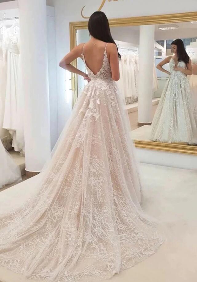 V-neck Open Back Lace Wedding Dress,Fashion Custom made Bridal Dress PDW146