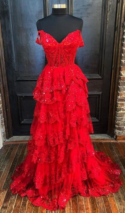2023 Red Sparkly Lace Long Prom Dress BP833