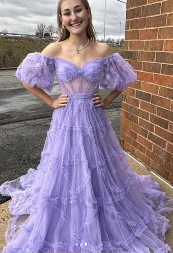 2023 Off the Shoulder Tulle Long Prom Dress,Homecoming Dresses,BP881